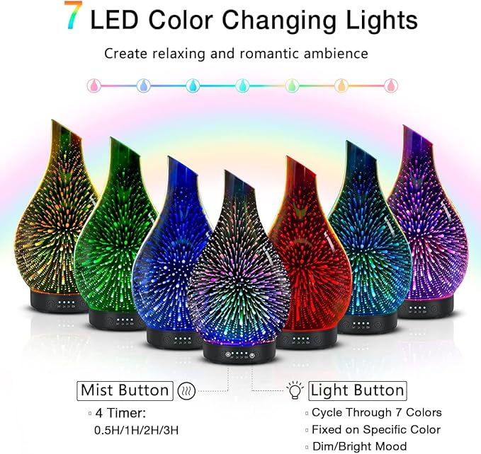 Aromatherapy Essential Oil Diffuser for Home- Art Glass Diffuser for Essential Oils with Waterless Auto Shut-Off 4 Timer 7 Colors LED Night Light for Home Office Decor Gifts for Women