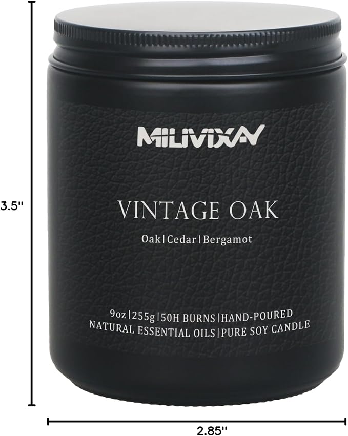 MILIVIXAY Candle for Men Vintage Oak Scented Classic 9oz Jar Single Wick Candle, Soy Wax Candles for Consistent Burn, Over 50 Hours of Burn Time, Ideal for Creating Relaxing & Holiday Gifting.