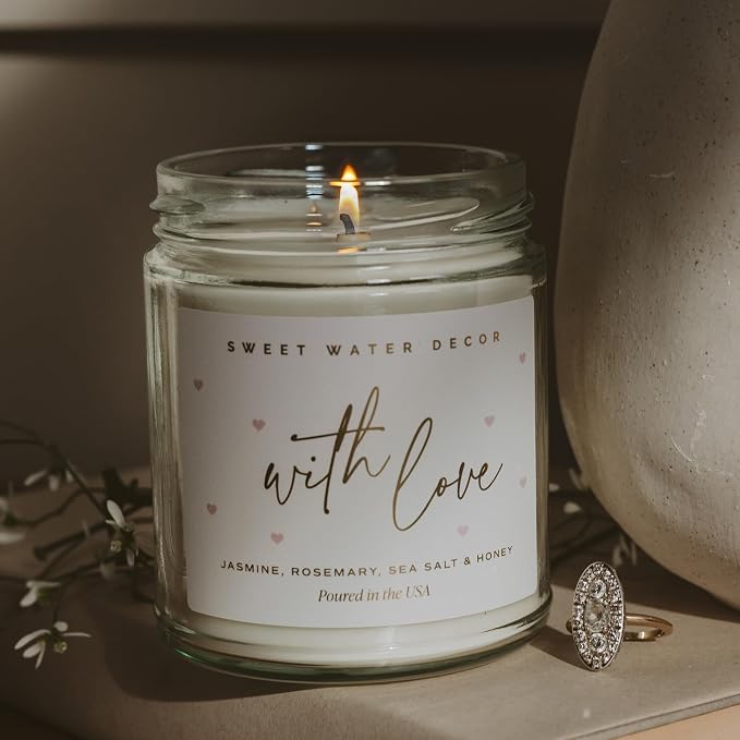 Sweet Water Decor with Love Candle, Thoughtful Gift, Jasmine, Rosemary, Sea Salt & Sweet Honey Scented Soy Wax Candle for Home, Wedding Gift, 9oz Clear Jar, 40 Hour Burn Time, Made in the USA