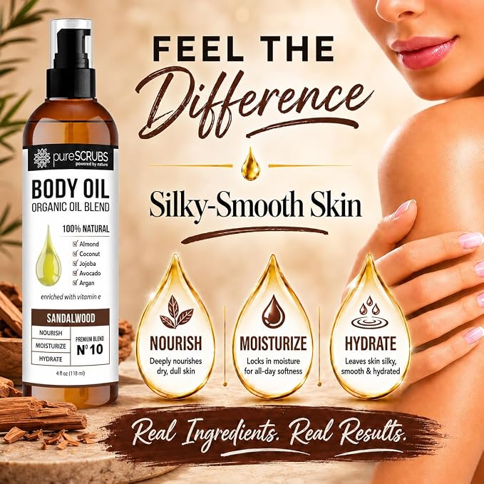 pureSCRUBS Ultra Moisturizing Sandalwood Body Oil for Dry Skin, Lightweight Full Body Moisturizer for Soft, Silky Skin, Massage & Cuticle Oil, Vitamin E Enriched, 4 oz