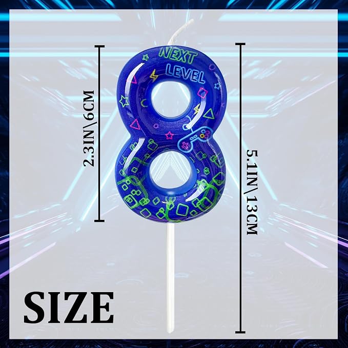 Number 8 Birthday Candle for Cake – Blue Gaming Theme Number Candle with “Next Level” Design, Video Game Style Cake Topper for Anniversary & Celebration