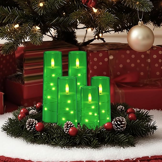Raycare St. Patrick's Day Flameless Candle with Remote Timer – 5 Flickering Acrylic Battery Operated LED Pillar Candles with Embedded Star String for Christmas, Home Decor, and as a Gift(Green)
