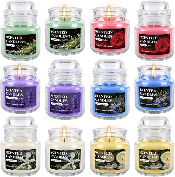 12 Pack Scented Candles Set - 3.5oz Soy Wax Aromatherapy Candles with 6 Fragrances, Long Burning Glass Jar Candles for Home Bedroom Kitchen Bathroom Dining, Gift Set for Women Men