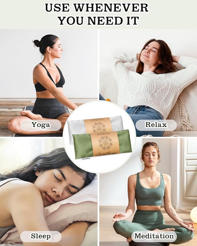 Eye Pillow for Sleeping, Headache Relief, Sinus Pressure, Weighted Eye Mask for Relaxation, Yoga, Moist Heat Eye Compress, Meditation Accessories, Lavender Gift Set for Women (Green & Silver (Silk))