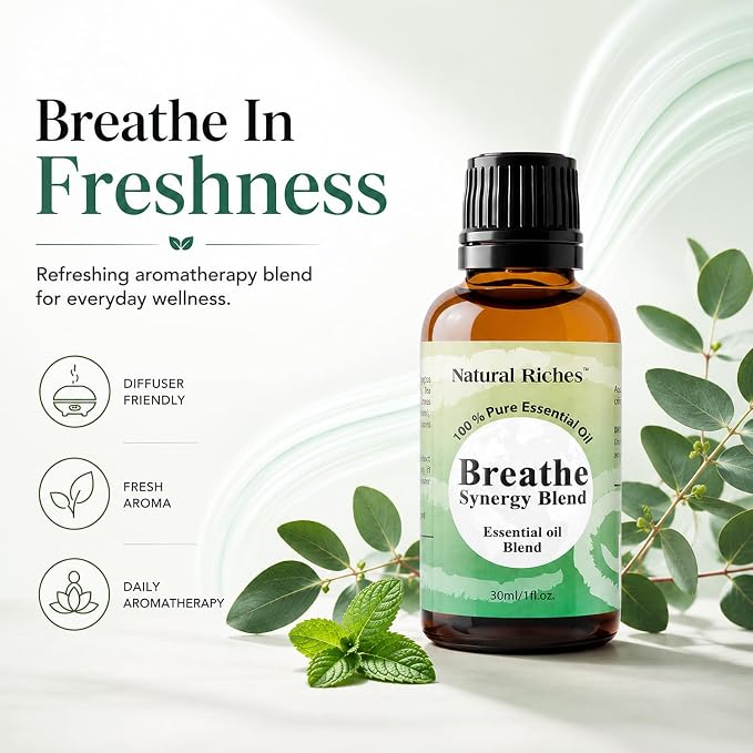 Natural Riches Breathe Essential Oil Blend Breathe Easy with Peppermint Eucalyptus Tea Tree Lemon Cardamom Pine Needle Essential Oils - 2 x 30 ml