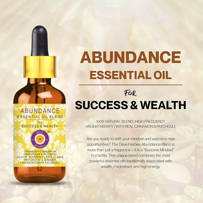 déve herbes Abundance - Essential Oil Blend for Success & Wealth with Orange, Cinnamon, Geranium, Nutmeg, Clove, Myrrh, Ylang Ylang, Patchouli, Ginger, Frankincense Essential Oils 10ml & 5ml