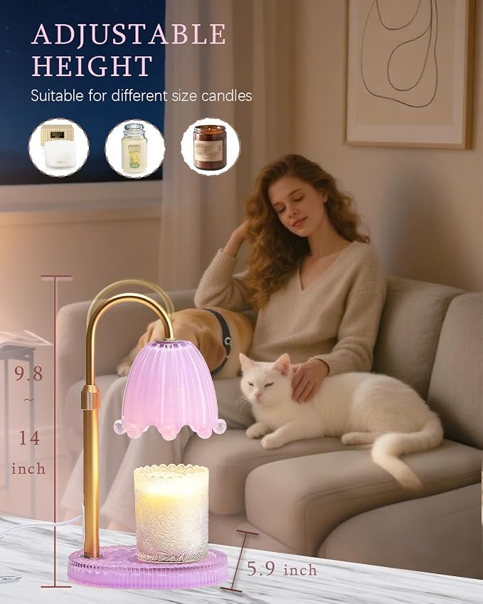 Flower Candle Warmer Lamp Glass Base with Timer & Dimmer, Mothers Day Birthday Gifts for Mom Women, Adjustable Floral Candles Warmer, Girly Wax Warmer New Home Office Decor (Purple-Flower)