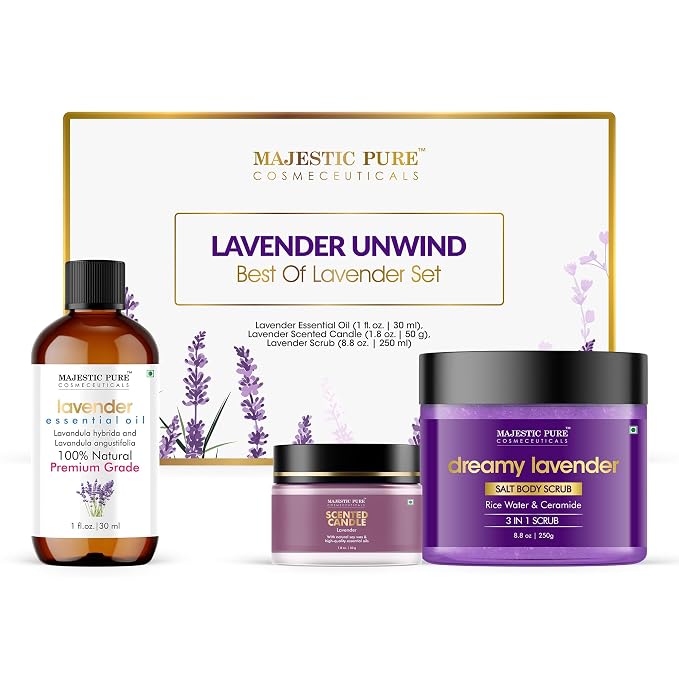Majestic Pure Lavender Essential Oil & Body Scrub Set | 100% Pure & Natural Gift Set | Relaxing & Stress relief | pack of 3