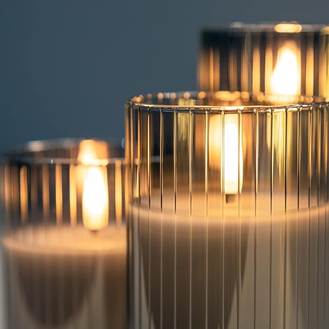 ANGELLOONG Gray Flameless Candles with Remote, Battery Operated LED Pillar Candle Set with Timer, Ribbed Glass Real Wax Flickering Candles for Home Decor, Set of 3
