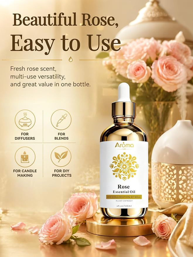 Rose Essential Oil 4 Fl Oz - Made in USA | Smells Like Fresh Rose Petals