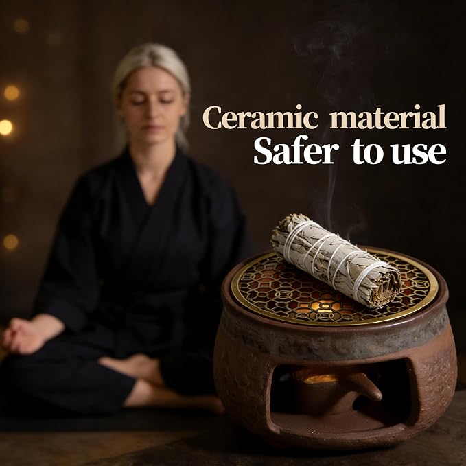 THOUSAND SUNNY Incense Burner Kit, Ceramic Herb Burner Aromatherapy Oil Diffuser Vintage Essential Oil Warmer for Meditation Yoga and Home Décor