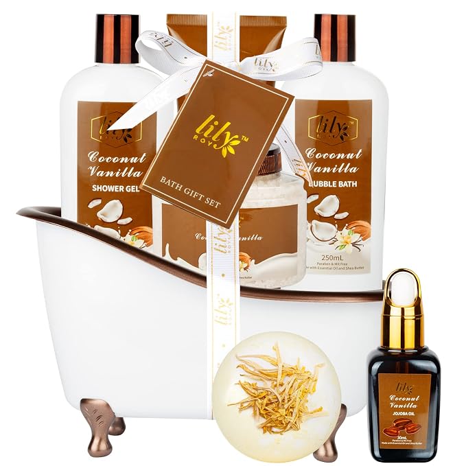Coconut Vanilla Spa Gifts Bath Kit, 7Pcs Moisturizing Gift Set for Women Men