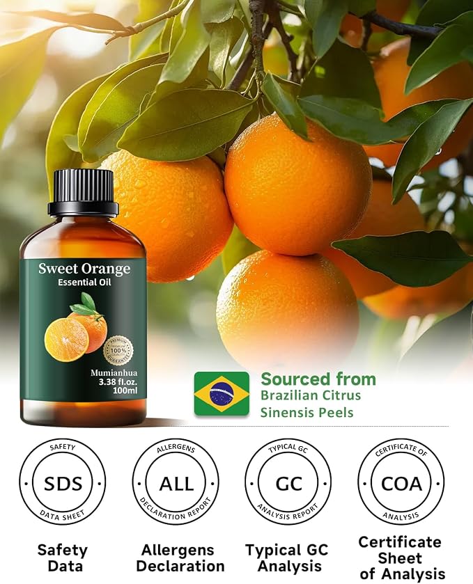 Orange Essential Oil, Pure Sweet Orange Oil Mumianhua Cold‑Pressed for Uplifting Atmosphere & Natural Cleaning, Skin‑Safe for DIY Perfume, Soap, Candle Making – 3.38 Fl Oz
