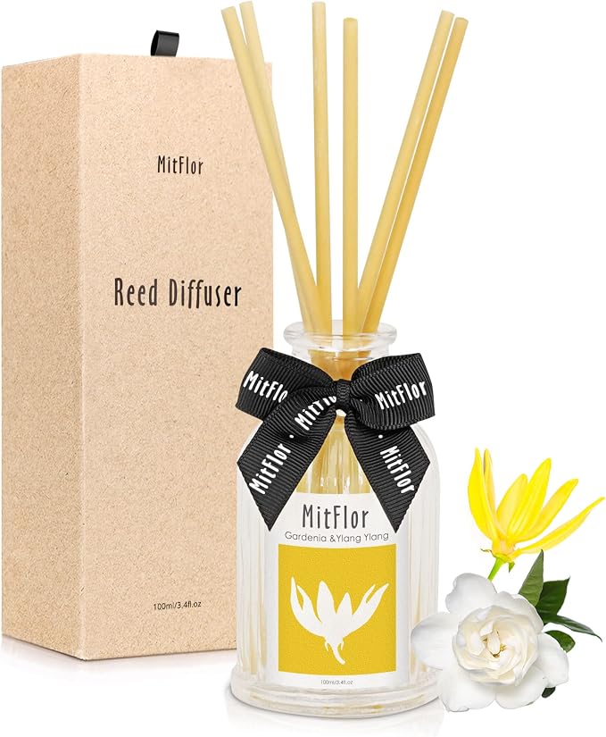 Fragrance Diffuser, MitFlor Gardenia &Ylang Ylang Reed Diffuser Gift Set, Natural Room Freshener with Rattan Sticks, Scent Oil Diffuser for Living Room, Bedroom, Bathroom, and Home Decor, 3.4 fl oz