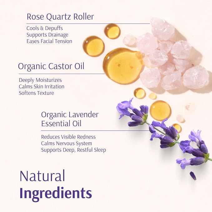Holistic Goddess Organic Lavender & Castor Oil Roll-On with Rose Quartz Roller – Calming Night Ritual Oil for Stressed Skin & Visible Redness, 1.7 fl oz (50ml)