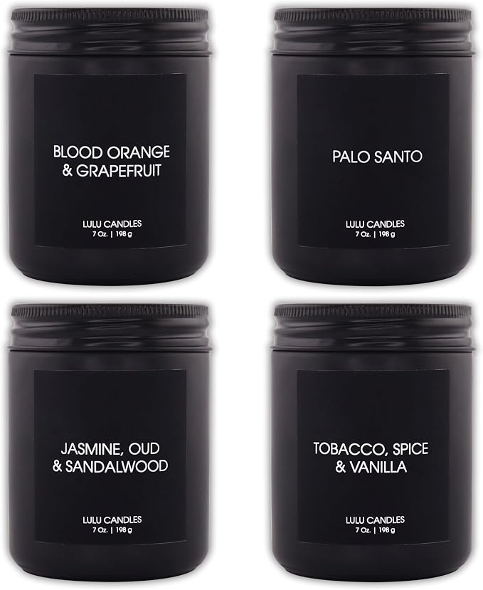 Lulu Candles | 4 Pack Scented Candles Gift Set | Gift Set for Home, Men, and Women | Jasmine, Oud & Sandalwood, Blood Orange & Grapefruit, Tobacco, Spice & Vanilla, and Palo Santo (4PCS - 7 Oz/Each)