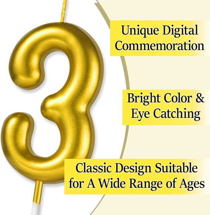 2.76“ Gold 3 Candle 9th Birthday Party Decorations, Nineth Birthday Candle Gold Number Candles for Nine Year Old Birthday Cake Decoration for Girls Boys, Number 9 Candle 9 Cake Topper for Cakes