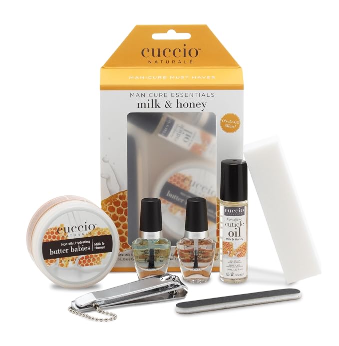Cuccio Naturale Manicure Essentials Starter Set, Milk & Honey, 8-Piece At-Home Manicure Kit with Body Butter 1.5 oz, Cuticle Oil Roll-On 10 mL, Base & Top Coat, Nail Tools