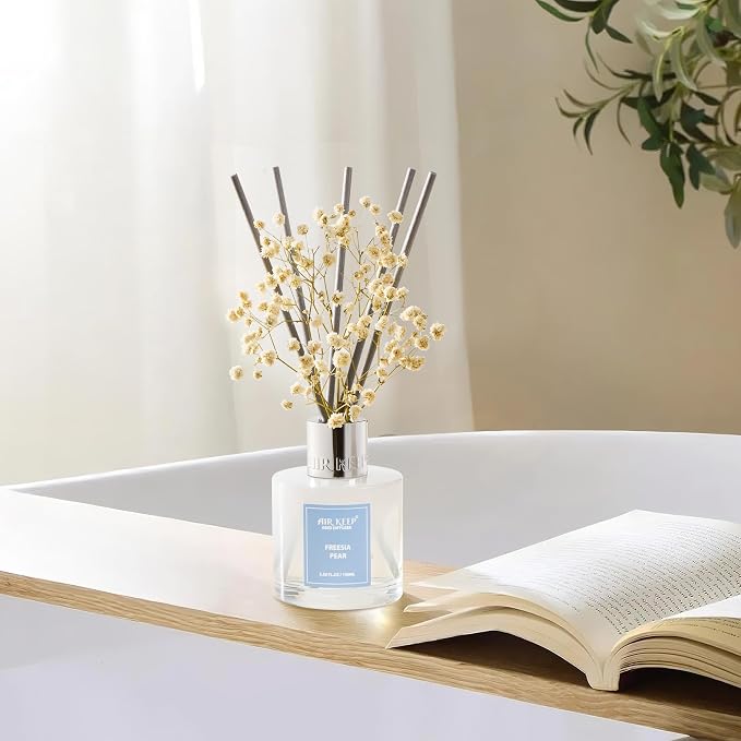 Airkeep Reed Diffuser Set,3.38 fl oz (100 ml) - Freesia Pear Oil Diffusers with 8 Reed Sticks, Home Fragrance Reed Diffuser for Bathroom Shelf Decor