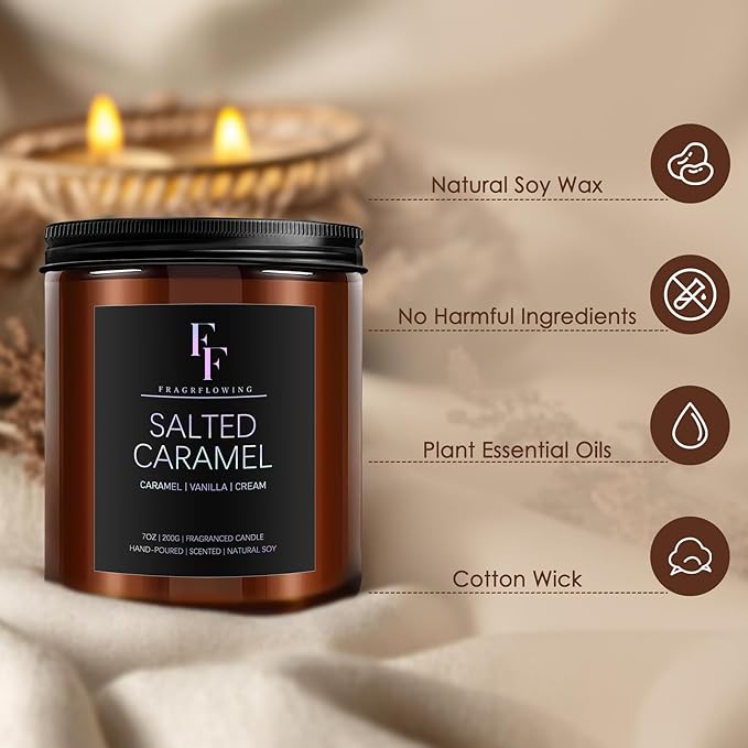 Salted Caramel Scented Candle for Home Soy Wax Candle, Aromatherapy Candle Gift for Women Men, 7oz
