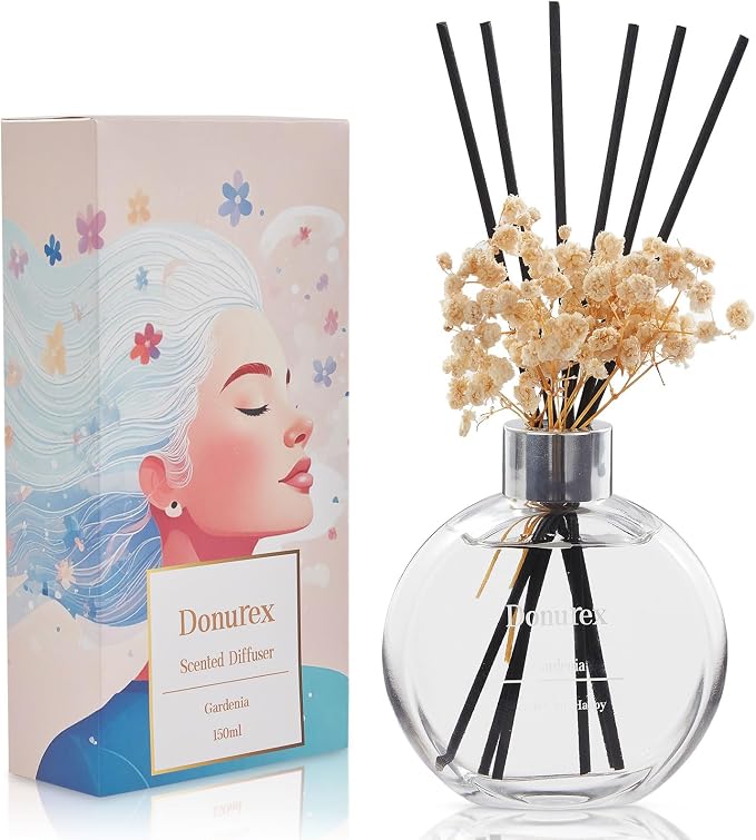 Flower Reed Diffuser Set 5.07oz Gardenia Scent Diffuser with Sticks Home Fragrance Reed Diffuser for Bathroom Shelf Decor