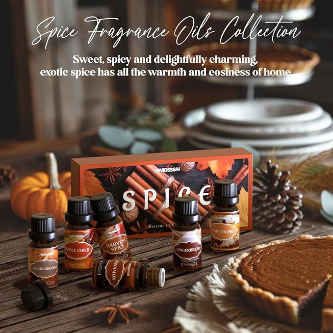 ARVIDSSON Autumn Spice Essential Oils Set, Fall Essential Oil for Diffuser - Cinnamon, Pumpkin Pie, Harvest Spice, Apple Cider, Gingerbread, Snickerdoodle, Cozy Fragrance Oils
