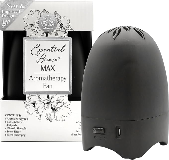 Belle Aroma Essential Breeze Max Aromatherapy Fan – Upgraded Dry Diffuser for Essential Oils or EVA Inserts – Battery or USB Powered – 30-Day Scent – No Water – for Desk, Travel, or Car - Slate