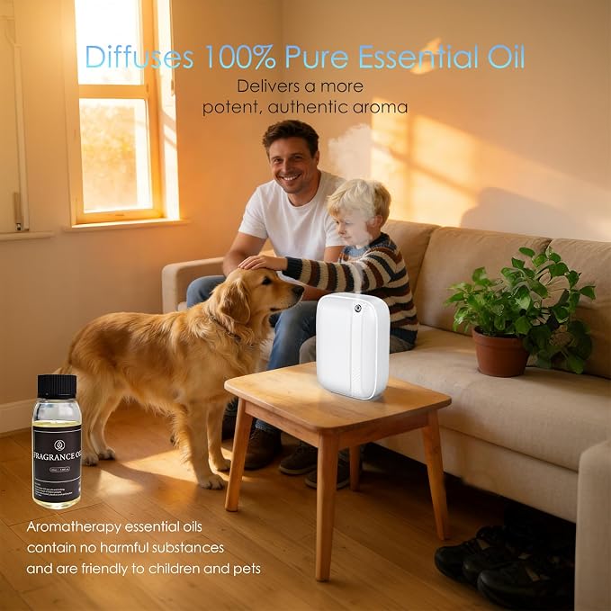Essential Oil Diffuser, Waterless & Ultrasonic Aromatherapy Diffuser for Home, Office, Hotel, 13.5 OZ Capacity Up to 2500 Sq.Ft Coverage Room Scent Diffuser with App & Button Control(White)