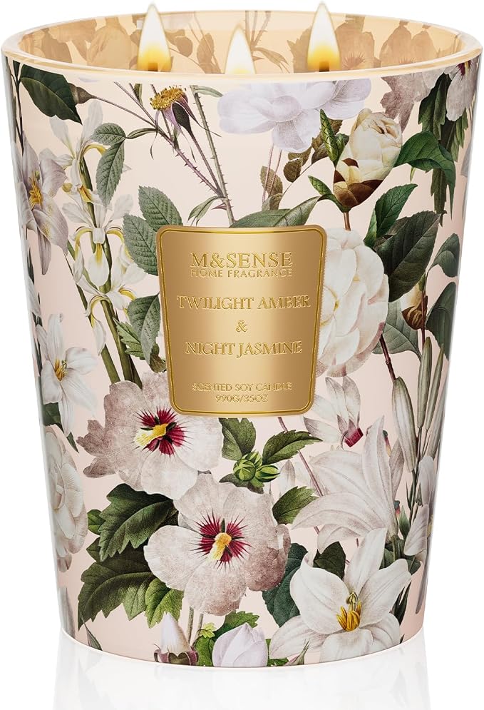 M&SENSE Amber Jasmine Soy Candle, 35oz Non Toxic 3 Wick 150H, Large Warm Floral Aromatherapy, Stress Relief Gift for Women