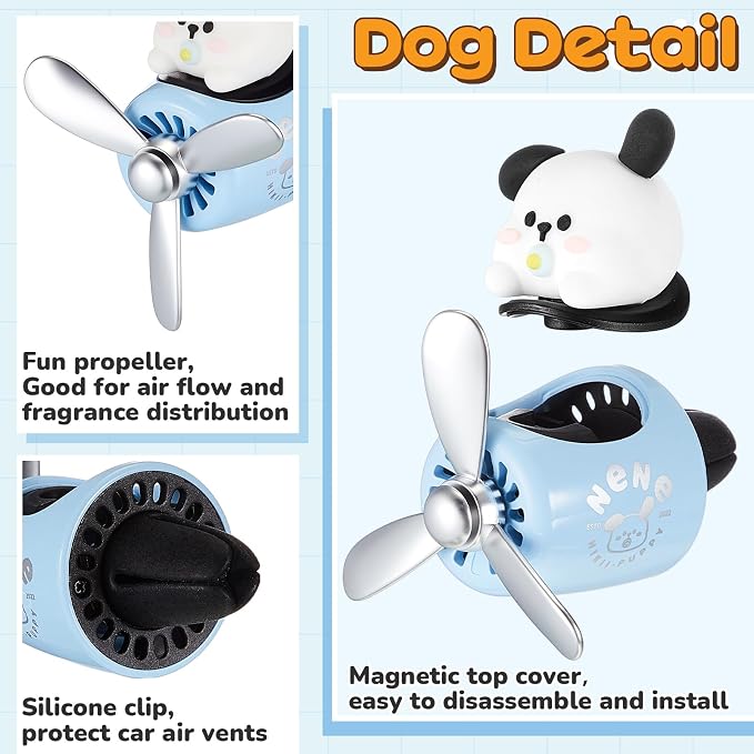 Tallew 2 Pack Car Air Freshener Cute Dog & Panda Car Vent Clip Diffuser with Rotating Propeller Outlet Vent Easy to Install Included 4 Scents Aroma Tablets Aromatherapy Ornament Auto Accessories