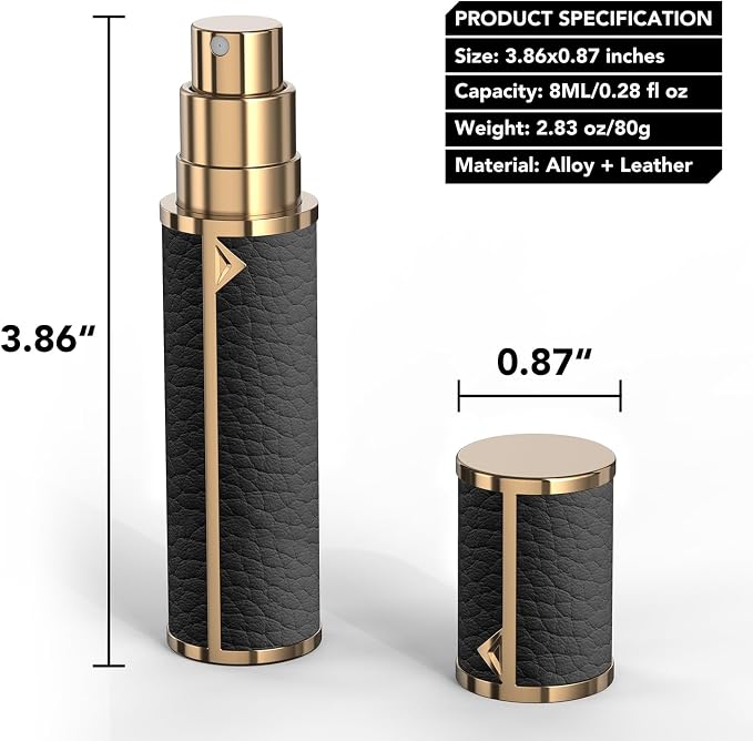 8ML Travel Perfume Refillable Atomizer, Mini Genuine Leather Cologne Sprayer, Protable Pocket Size Empty Fragrance Spray Bottle (Black)