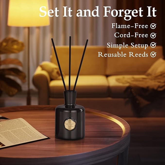 XEPTLE Amber Reed Diffuser for Home, Air Freshener, Woody Scent Diffuser with 5 Reeds for Bedroom Living Room Bathroom Décor, Orange Plum Rose with Honey Amber Vanilla & Sandalwood, 7.04oz, Black