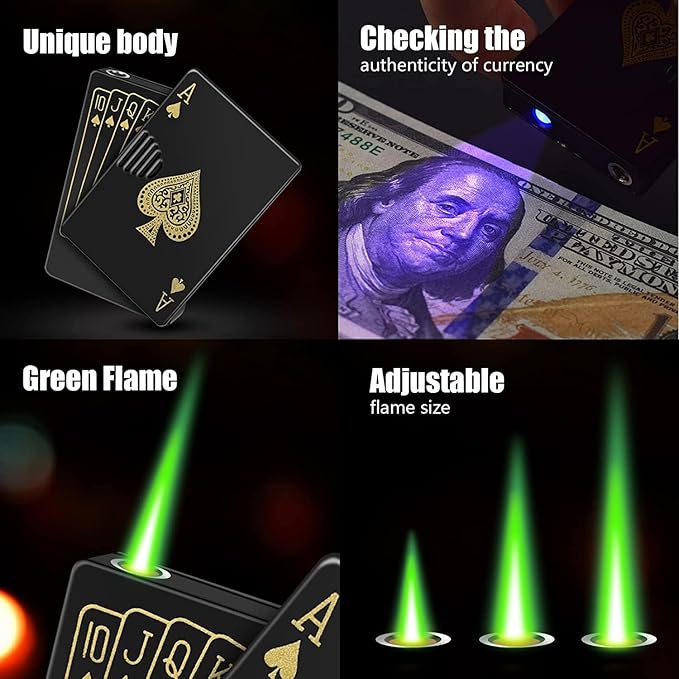 Jet Torch Lighter, Green Flame Ace Card Lighter, Metal Poker Design Windproof Refillable Butane Cool Lighter, Outdoor, Indoor, Camping, BBQ, Candle, Birthday, Gift for Men/Women (Without Gas)