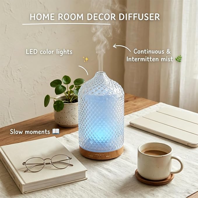 Diffuser with 3 Essential Oils,Glass Aroma Diffusers,200ml Small Humidifier for Bedroom with Timer,7 LED Color Lights,Auto Shut-Off Waterless Function for Office Home Room Decor Gifts for Women