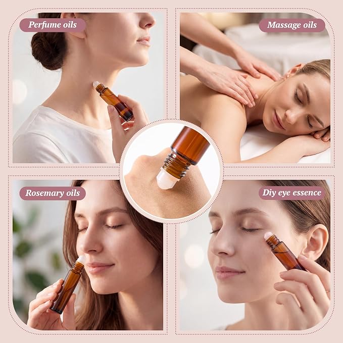 Domensi 50 Pack 10ml Rose Quartz Roller Bottles for Essential Oils, Refillable Amber Glass Roll on Bottles Kit, Leak-proof for Travel, Aromatherapy, DIY Perfume & Gifts