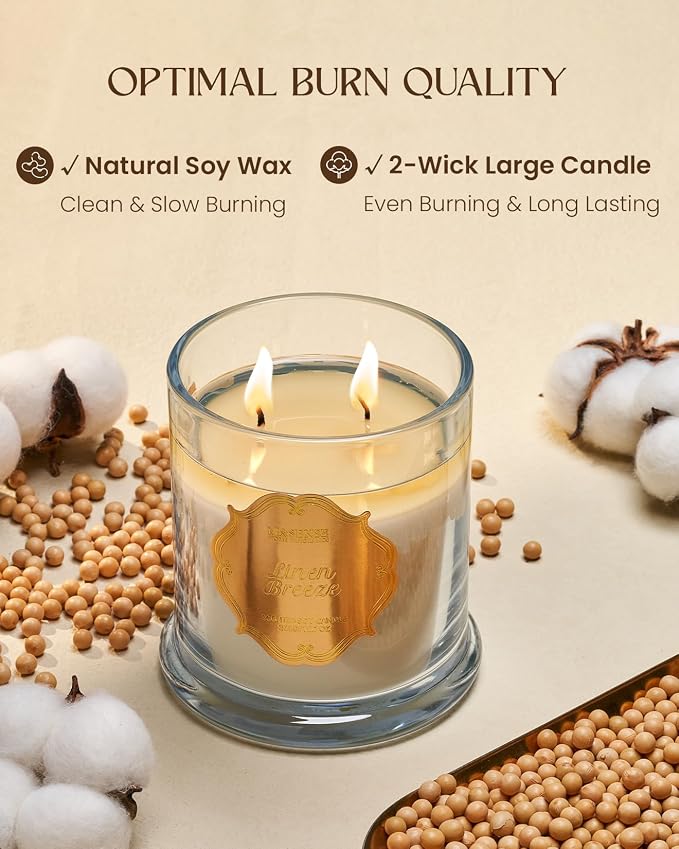 M&SENSE Linen Scented Soy Candle, 2 Wick 75H Clean Summer Fragrance | Non-toxic, Clean Refresh Scented Candles, Long-lasting Burn Housewarming Gift