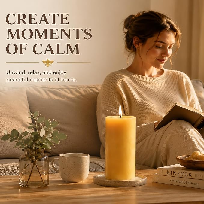 Bergamot Beeswax Candle 2.8x6 Inch, Non Toxic Scented Pillar Candle 100 Hour Burn Time, Natural Bees Wax Aromatherapy Candle for Relaxation, Stress Relief, Sleep, Meditation