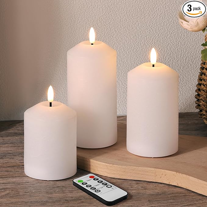 White Flameless Pillar Candles with Remote, Real Wax LED Candles Battery Powered Flickering Set of 3