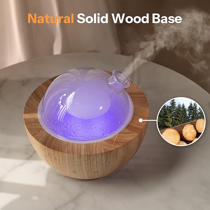 280ml Glass Essential Oil Diffuser with Natural Wood Base, The 2025 Upgrade Aromatherapy Diffusers for Home, Cool Mist Air Aroma Diffuse Humidifier with 7 Color Lights for Office, Bedroom