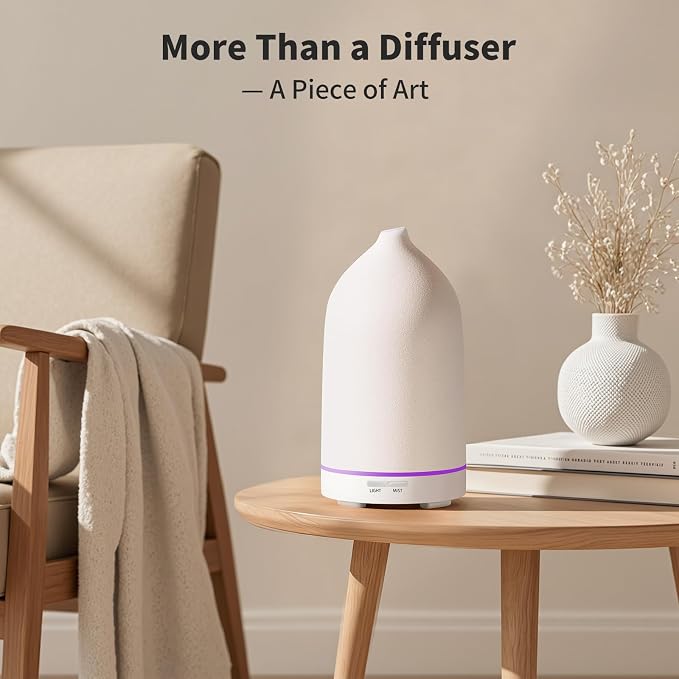 URPOWER 120ML Essential Oil Diffuser Ceramic Aromatherapy Diffuser with 7-Color LED Lights, Auto Shut-Off, 2 Mist Modes, Humidifier for Home Office Decor, Scent Diffuser for Yoga Spa