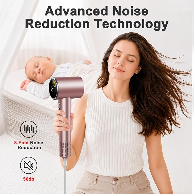 FAMOO Hair Dryer, 160,000 RPM High-Speed Ionic Blow Dryer with Diffuser and Concentrator Nozzle, 500 Million Negative Ions,Fast Drying, LED Display,Light and Quiet,For All Hair Types,For Home & Travel