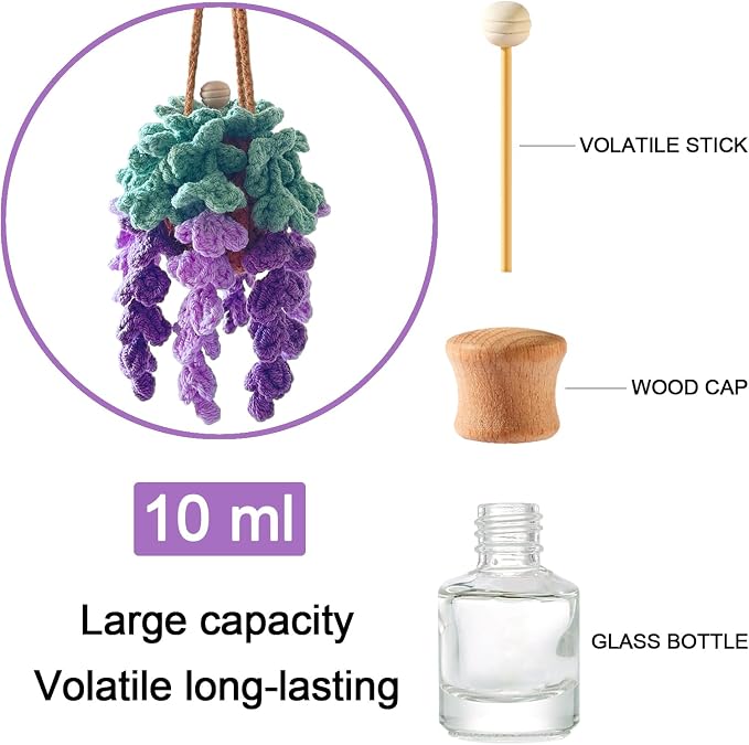 Crochet Car Air Freshener, Empty Refillable Oil Diffuser Bottle with Hanging Crochet Plant for Car Rearview Mirror Decor, Handmade Home and Office Decor (Violet)