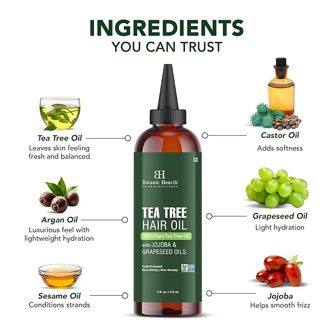 Botanic Hearth 100% Pure Tea Tree Oil For Hair Growth & Hair Treatment Oils 4 Fl oz | Infused with coconut Oil | Hair Oil Repairs Dry Damaged Hair, Strengthening, Healthier | All Hair Types