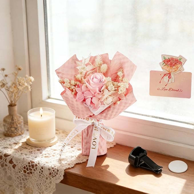Mini Flower Bouquet Car Air Vent Clips - Decorative Rose Bouquet with Fragrance Diffuser for Car Air Vent Dashboard, Floral Romantic Auto Pink Car Accessories Gift for Women (Pink)