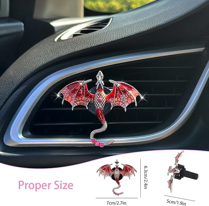 ORIESSE Dragon Car Decor,1pc Bling Red Dragon Car Air Freshener Vent Clips,Cute Alloy Enamel Wyvern Dragon Goth Vent Clips Dashboard Decorations,Refillable Essential Oil Diffuser