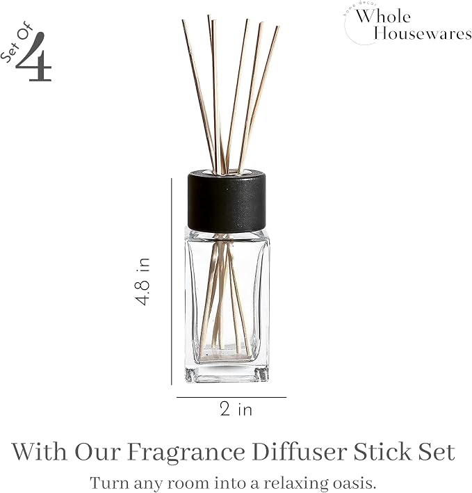 WHOLE HOUSEWARES Natural Diffuser Reeds Bottles Sticks | Clear Glass Home Décor for Kitchen and Living Room | Black Wood Caps | Décorative Fragrance Set with Long Lasting Aroma - Set of 4