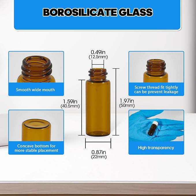 12PCS 10ml Amber Glass Vials with White Screw Caps and Plastic Stoppers, Leak-Proof Small Liquid Sample Bottles for Essential Oils, Perfumes, Reagents