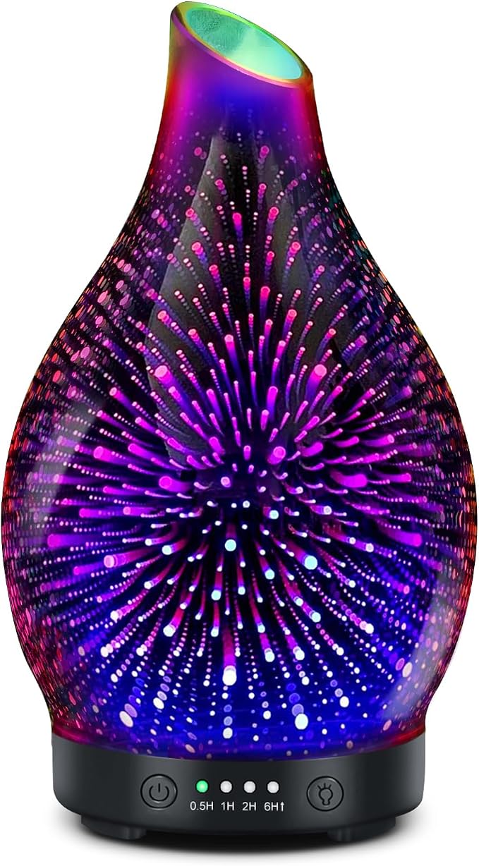 Essential Oil Diffuser 150ML -3D Firework Glass Aromatherapy Diffusers for Essential Oils with 4 Timer Setting Auto Shut-Off Silent Operation 7 Colors Lights Changing, Mothers Day for Room, Office