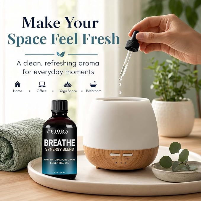 Breathe Essential Oil for Diffuser, 100% Natural Pure Grade Synergy Blend with Eucalyptus, Peppermint, Tea Tree, Lemon, Pine Needle, Cardamom & Laurel Leaf, Refreshing Blend for Aromatherapy