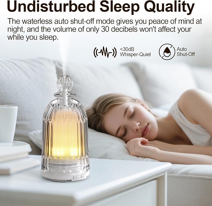 120ml Glass Essential Oil Diffuser, Ultrasonic Aroma Diffuser Glass Cover & Plastic Reservoir with Auto Shut-Off, 7 Colors LED Light for Home, Bedroom, Office, Yoga(White Base)